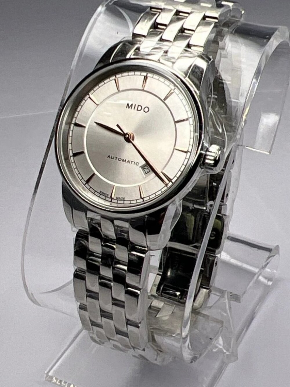 Mido 29mm Steel Automatic Date Watch Rose Gold Markers New w/ Box Papers